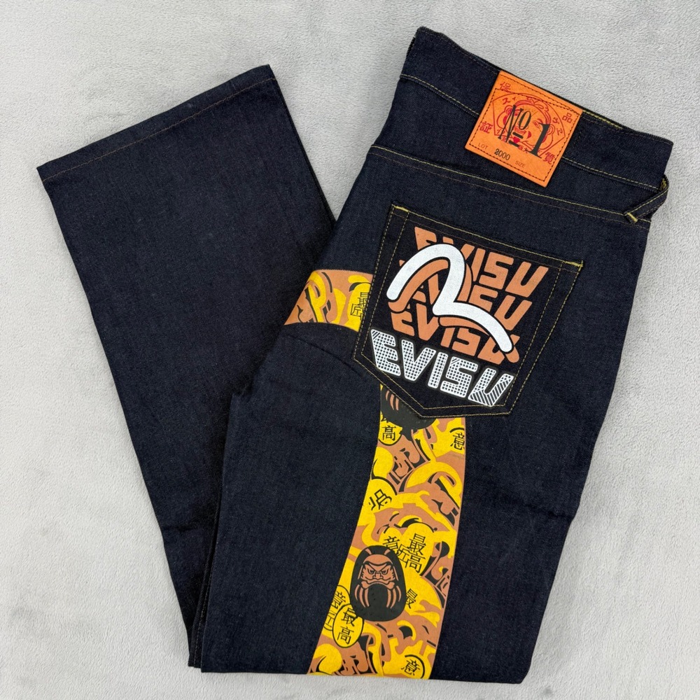 Evisu Osaka Japan Raw Indigo Denim Mens 36 Graphic Print Jeans Made in Japan